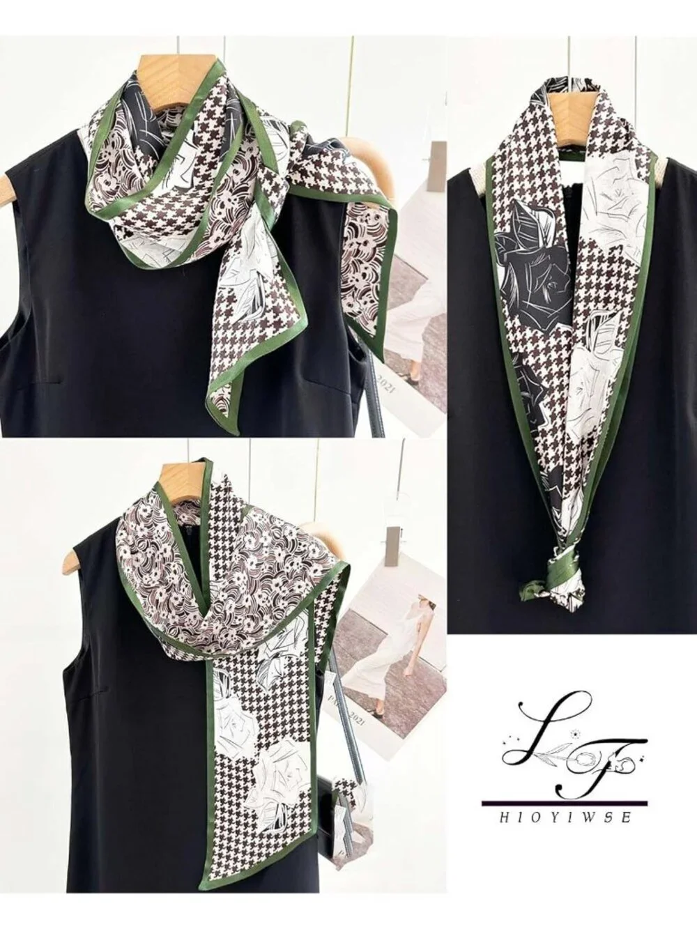 Womens Black Rose Printed Square Headscarf Bandanas Hair Scarf Neck Scarves